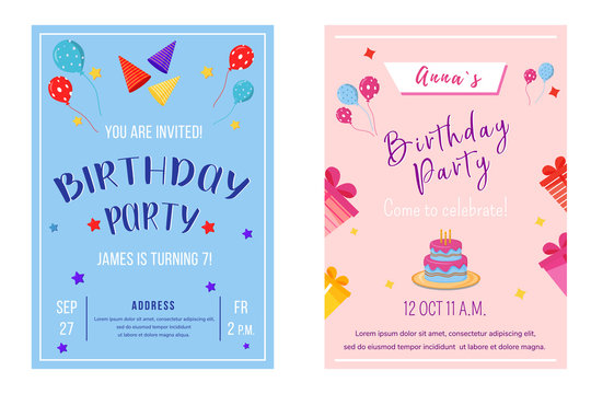 Birthday party brochure templates set. Flyer, booklet, leaflet concept with flat illustrations. Vector page cartoon layout for magazine. Anniversary celebration invitation with text space