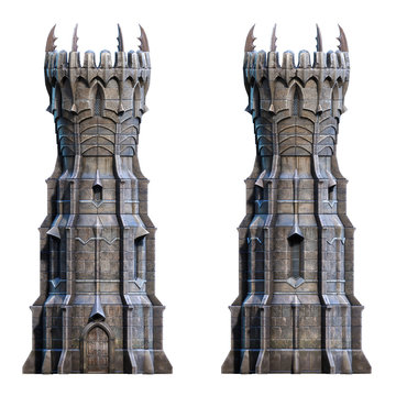 Dark wizard tower on white. 3d-render illustration
