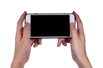 Hand holding mobile smart phone or cellphone  telephone on white background clipping path