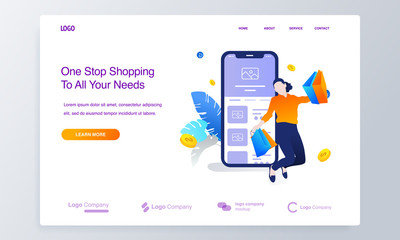Website or landing page of happy women making online shopping, big sale with mobile application concept illustration