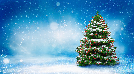 Beautiful Christmas snowy background. Christmas tree decorated with red balls in snowfall. Winter...