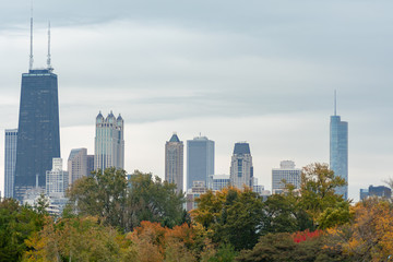 Chicago Skyline seen from Lincoln Park with Colorful Autumn Trees