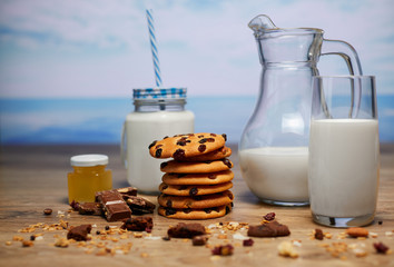 Chocolate chip cookies with milk. Chip cookies shot