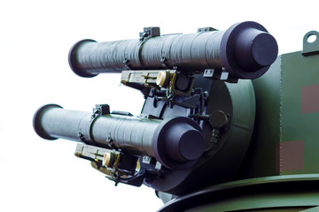 Military equipment. The barrel of a large-caliber gun. The barrel is directed to the right and up.