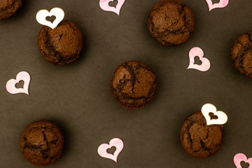 Sweet chocolate muffins with hearts