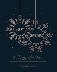 Festive rose gold greeting card with snowflakes vector illustration. Merry Christmas and Happy New Year design with flakes of snow on black background. Xmas holidays concept