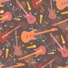 Beautiful mellow guitar and music design in multicolor hues of orange and pink. Seamless vector pattern on warm brown layered background. Great for music products, giftwrap, stationery, fabric, print