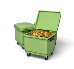 3d rendering of green trash bins with golden crowns inside