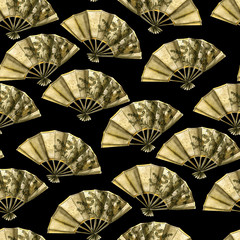 Watercolor fan seamless pattern on black with gold for design or print.