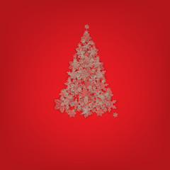 Snowflakes lined up to form a Christmas tree on a red background.christmas & New Year background paper cut for greeting card design, calendar illustration.