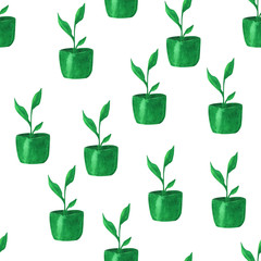 Fototapeta na wymiar Seamless pattern ecology watercolor plant in a green pot on a white background