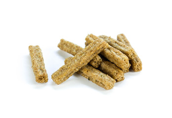 Brown salted crackers. Close up. Isolated on white background