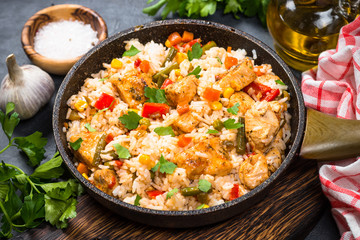 Rice with chicken and vegetables.