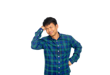 An Asian man in blue plaid shirt is scratching his head because of headache.