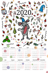 The calendar 2020 A mouse or rat in a blue cap is dancing and having fun. Symbol of the New Year 2020. Cartoon style, vector. - Vector. Vector illustration