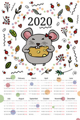 The calendar 2020 Rodent with a big piece of cheese. Lunch, dinner or breakfast. Cartoon style, .  illustration