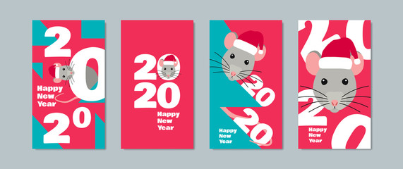 2020 happy new year rat in santa hat vertical banners set design for social media
