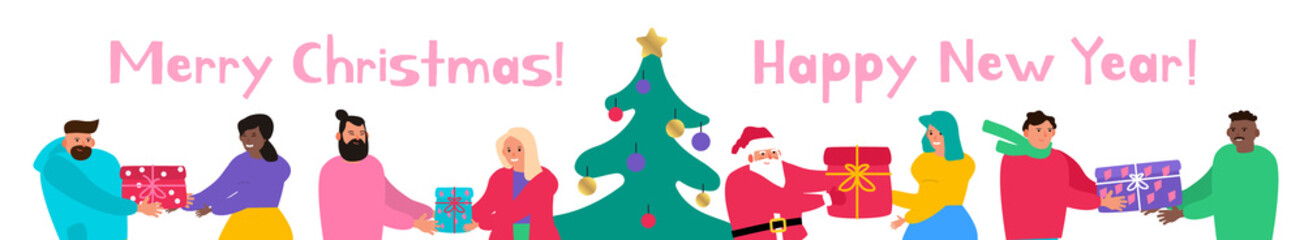 merry christmas and happy new year.  people and santa claus give gift boxes to each other