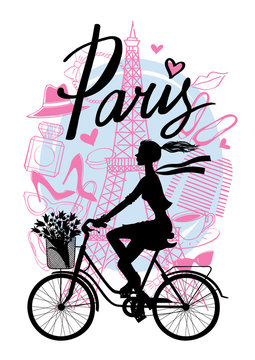 A girl rides a Bicycle. Silhouette cyclist. Paris. Vector hand drawn illustration with Eiffel tower. Fashion accessories. 