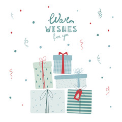 Christmas gift boxes with handwritten lettering Warm wishes for you in flat style. New year illustration for greeting card, poster, banner. Vector