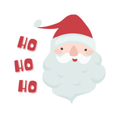 Christmas poster with funny Santa Claus, lettering Ho ho ho, in flat style. Greeting card, banner, postcard. Vector illustration.