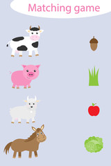 What they eat, matching game with farm animals for children, fun education game for kids, educational task for the development of logical thinking, preschool worksheet activity, vector illustration