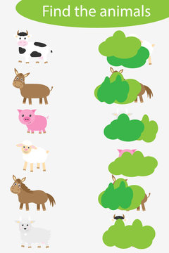 Who are hidding, matching game with farm animals for children, fun education game for kids, educational task for the development of logical thinking, preschool worksheet activity, vector illustration