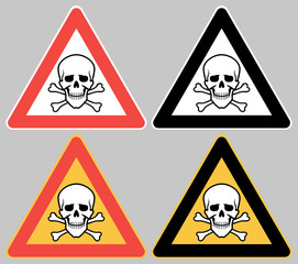 Triangular sign with a skull and and crossbones. Hazard, information graphic poster with elements of human bones.