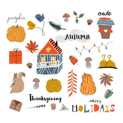 Cute autumn collection set, fall harvest season cartoon illustration clipart with different decoration elements. Happy Thanksgiving holiday