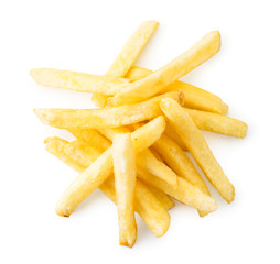 Pile of French fries on a white background. The view of the top.