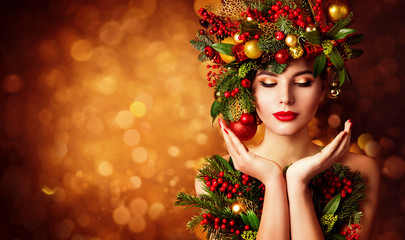 Christmas Face and Hands Skin Care, Woman Beauty Makeup, Art Wreath Hairstyle, Xmas Beautiful...