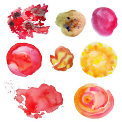 Set of isolated multicolored watercolor stains. Yellow, pink, red, brown on a white background.