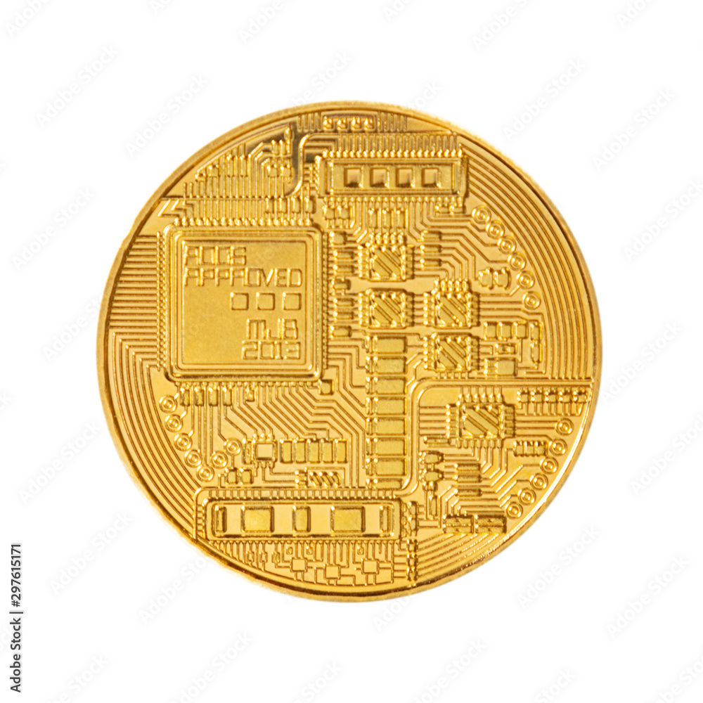 Aufkleber digital and cryptocurrency concept. reverse of golden bitcoin coin