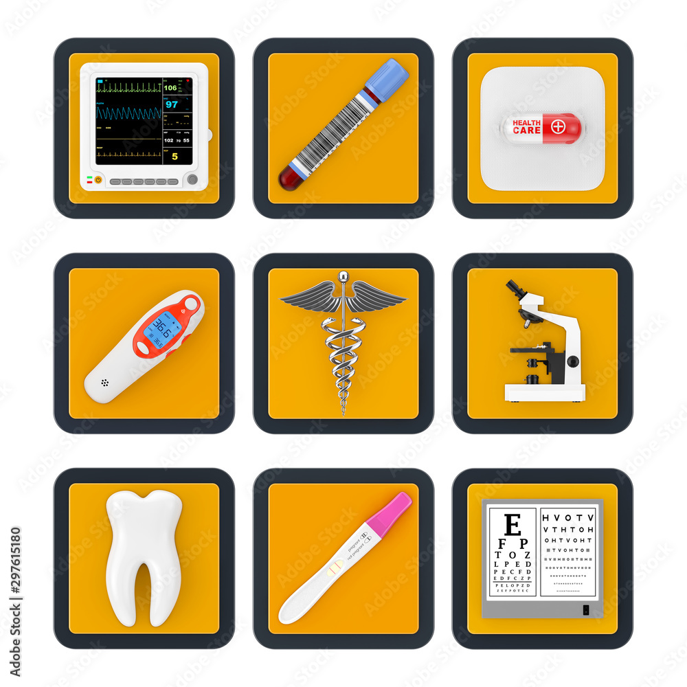 Poster set of medicine touchpoint web icon buttons. 3d rendering