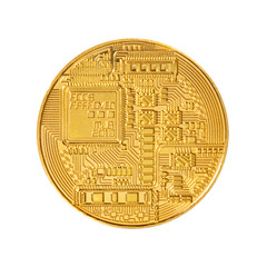 Digital and Cryptocurrency Concept. Reverse of Golden Bitcoin Coin