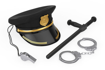 Metal Handcuffs, Black Rubber Police Baton or Nightstick, Police Whistle and Police Officer Hat with Golden Badge. 3d Rendering