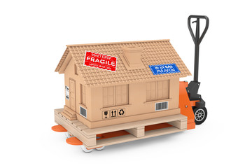 Real Estate Concept. Modern House Cottage as Cardboard Shipping Box over Hand Pallet Truck Forklift. 3d Rendering