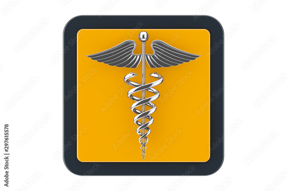 Poster Silver Medical Caduceus Symbol as Touchpoint Web Icon Button. 3d Rendering