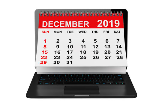 December 2019 calendar over laptop screen. 3d rendering