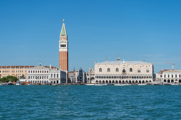 Fototapeta na wymiar Panorama of Piazza San Marco or st Mark square, Campanile and Ducale or Doge Palace. Travel photo. Venice. Italy. Europe.