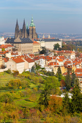 Obraz premium Autumn Prague City with gothic Castle and colorful Nature and Trees from the Hill Petrin, Czech Republic