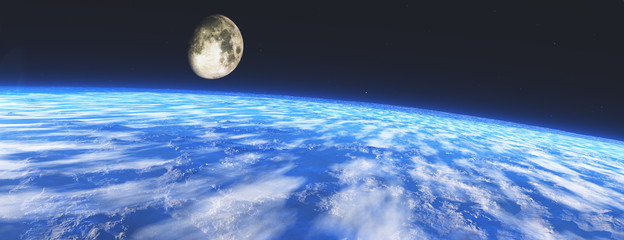 Earth from orbit. The moon over the earth, 3D rendering.