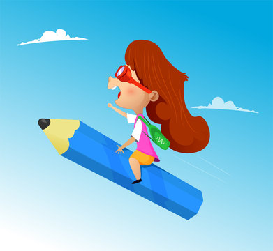 Cartoon girl riding pencil. Education concept illustration