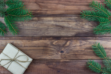 copy spaсe, Christmas card, Christmas tree branches, decorations and gift boxe