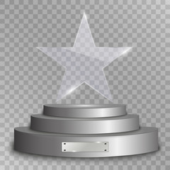  Glass, award on a pedestal, vector illustration. Podium, pedestal or platform with a glass award on a transparent background.