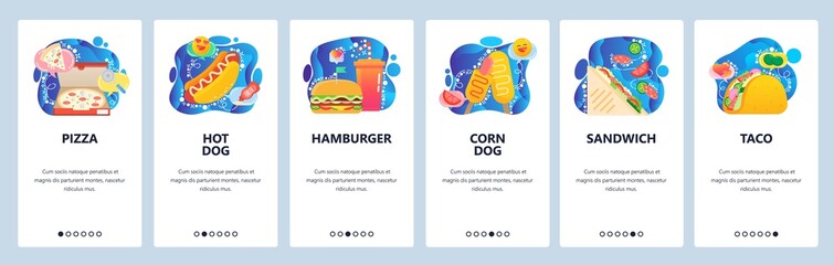 Mobile app onboarding screens. Fast food restaurant menu, pizza box, hot dog, sandwich, taco, burger. Vector banner template for website and mobile development. Web site design flat illustration