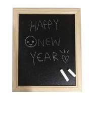 The word happy new year on the blackboard.Chalk and blackboard on a white background.