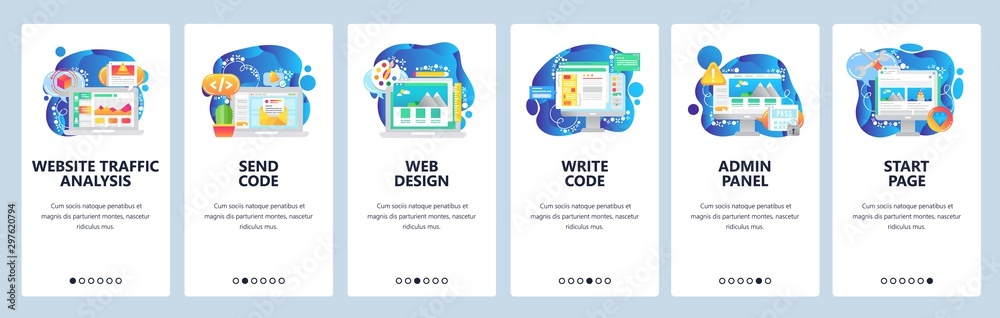 Poster mobile app onboarding screens. business analytics, coding, admin panel, dashboard. menu vector banne