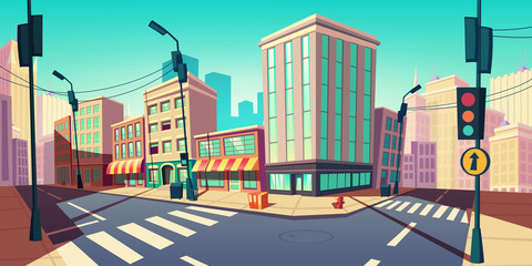 City road turn, empty street with transport highway with marking, arrow sign, sewer manhole, lamps and buildings. Urban architecture, infrastructure megapolis exterior Cartoon vector illustration - obrazy, fototapety, plakaty