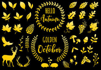 Golden autumn icons, vector set
